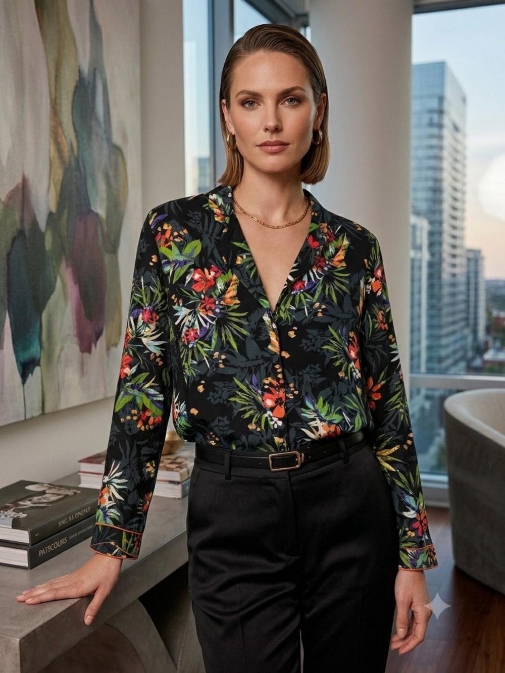 Grace & Mila Tropical Floral Button Down Blouse Size Large